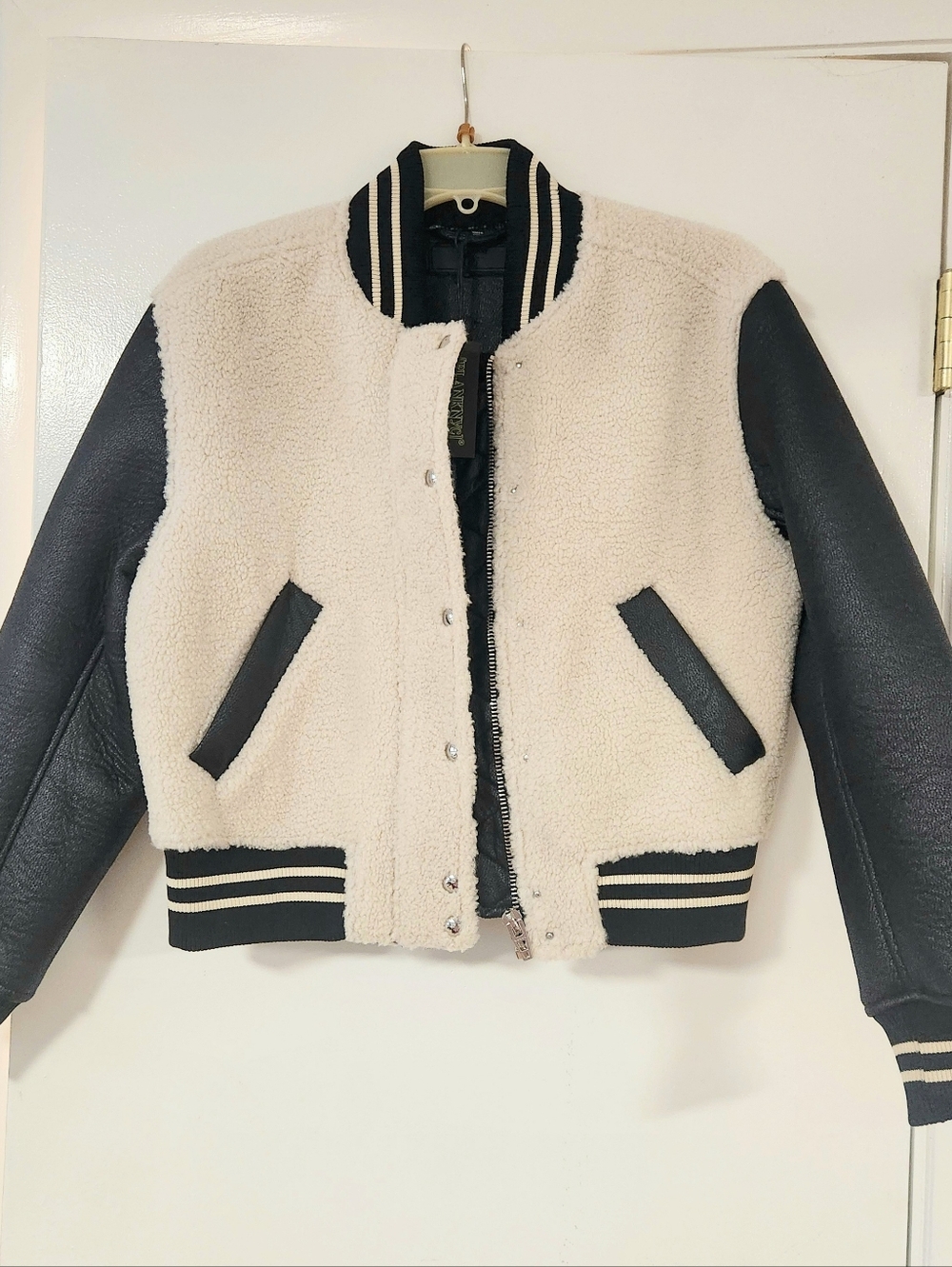 BlankNYC Beige Sherpa Varsity Jacket with Black Leather Sleeves Size S